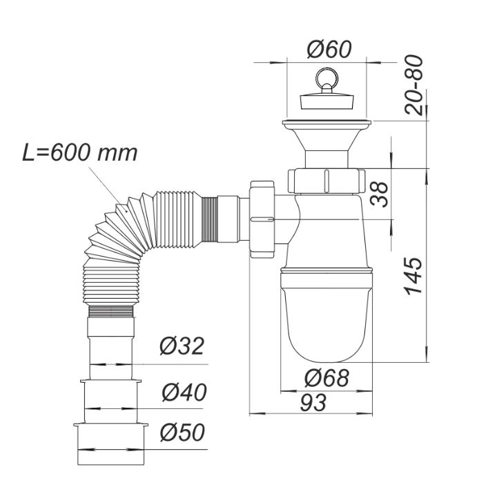 Размеры Сифон для раковины с выпуском  с отводом 50 мм Тюльпан SoloPlast Т0115