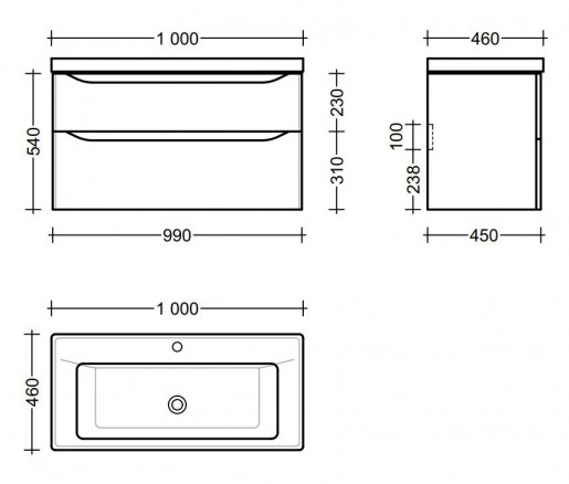 Размеры Тумба с раковиной в ванную 100 см с прямыми фасадами РЕСПЕКТ Milana ML1 - 100 с умывальником Sava-100