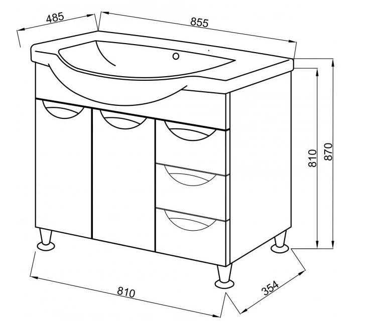 Размеры тумба с раковиной в ванную с врезными ручкам 85 см юввис оскар 85 т-17 с умывальником изео №2
