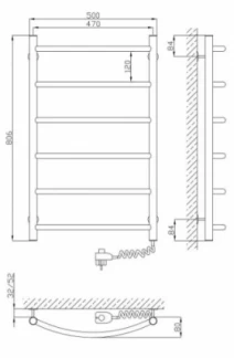 Размеры Большой полотенцесушитель электрический 500 х 800 мм Kosser Дуга Электро Д30 хром правый ДД09ЕR