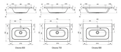 Размеры Умывальник Ravak Chrome 800 белый с переливом XJG01180000