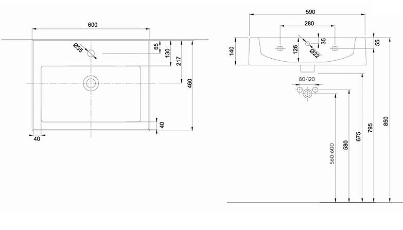 Розміри Раковина 60 см шириною Kolo TWINS L51160000