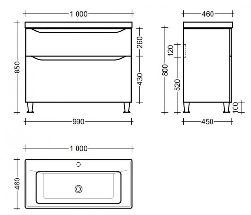 Размеры тумба с раковиной в ванную 100 см респект milana с умывальником sava-100 №1