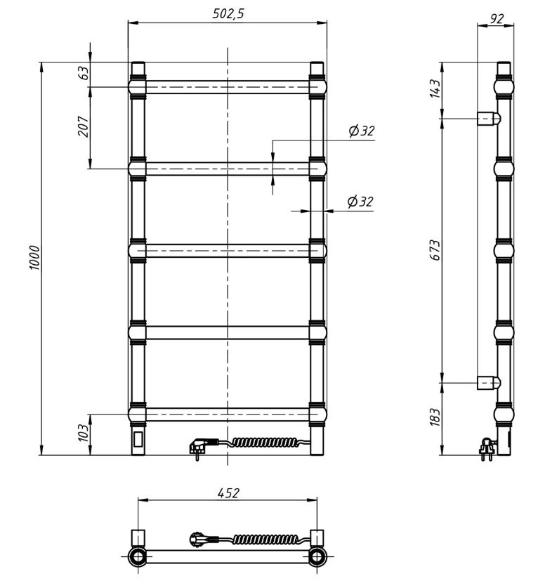 Размеры Прямой электрический полотенцесушитель 500 х 1000 мм Navin Ретро Д32 бронза правый 10-540033-5010
