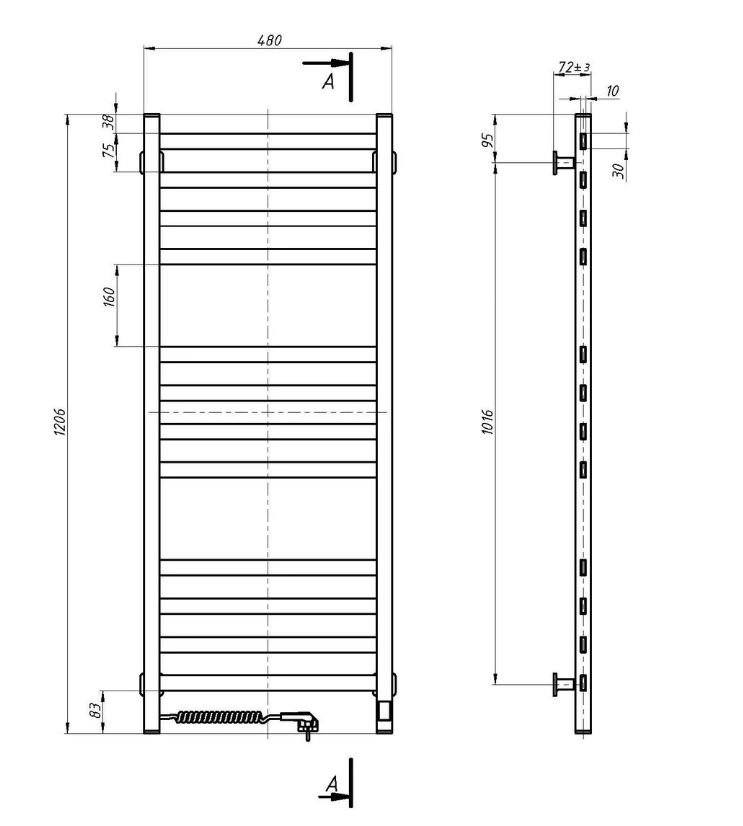 Размеры Сушилка для полотенец электрическая 480 x 1200 мм Navin Авангард Д30 белый левый 12-028153-4812