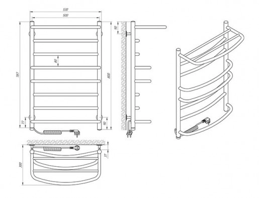 Размеры Светлый электрический полотенцесушитель 530 х 800 мм Laris Евромикс Д30 хром 73207692