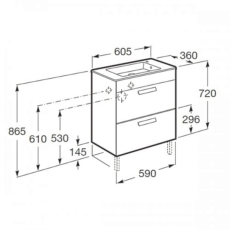 Размеры Умывальник с тумбой с прямыми фасадами 60 см ROCA DEBBA с раковиной ROCA  A855905806