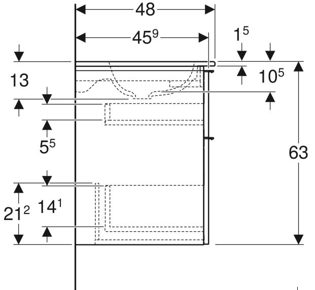 Размеры Умывальник с тумбой 90 см шириной Geberit iCon с раковиной Slim Rim 502.337.JK.1