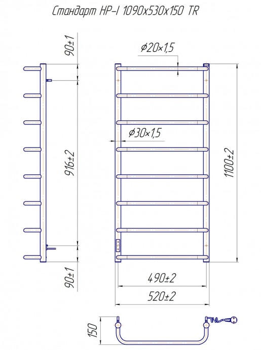 Размеры Электро полотенцесушитель высотой 100 см 520х1100 Mario Стандарт Хром Правый 30x20 4820111355495