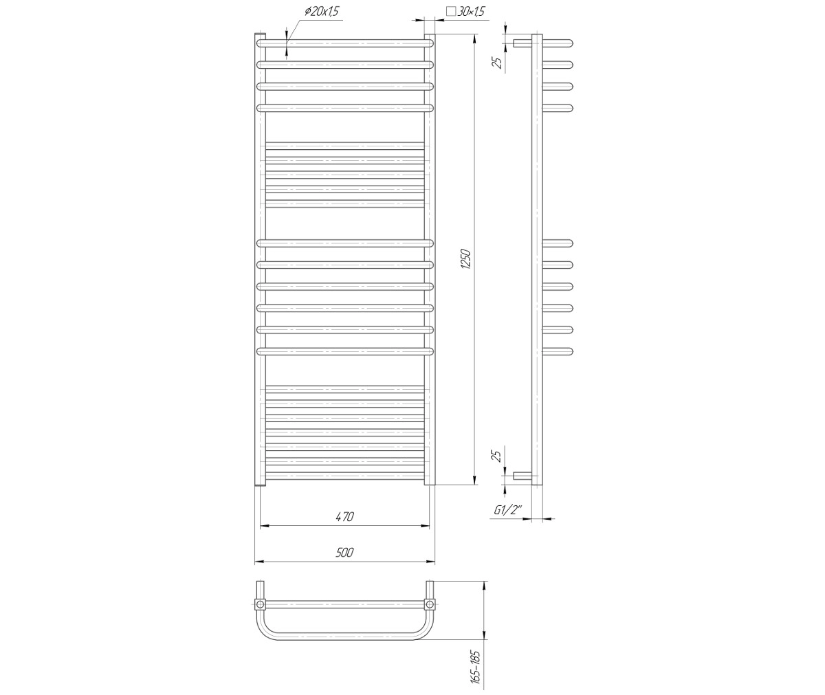 Размеры Полотенцесушитель водяной хромированный 500х1250 Mario Гера Люкс Хром 30x20 ВР 1/2 д 4820111352227