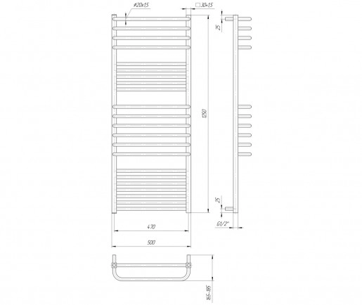 Размеры Полотенцесушитель водяной хромированный 500х1250 Mario Гера Люкс Хром 30x20 ВР 1/2 д 4820111352227