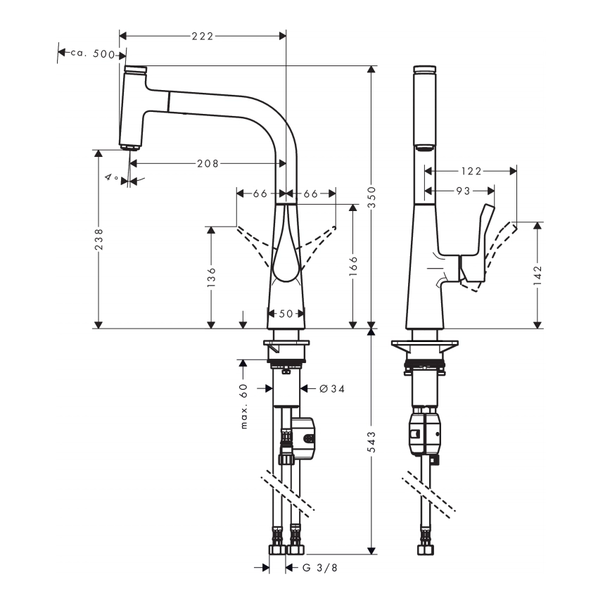 Размеры Смеситель для кухни с гусаком HANSGROHE METRIS 14857000