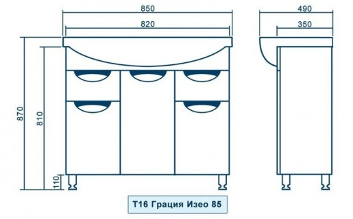 Размеры Тумба с раковиной в ванную 85 см с глянцевыми фасадами КВЕЛ ГРАЦИЯ Т16 Грация Изео 85 с умывальником ИЗЕО 85 КВЕЛ