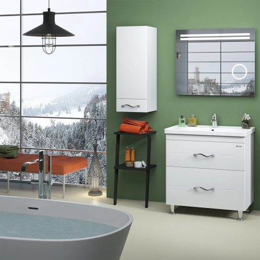В интерьере набор в ванную комнату с зеркалом 70 см с прямыми фасадами санверк mindal 25520-25555 №1