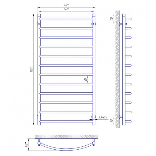 Размеры Полотенцесушитель водяной с 12 перекладинами 600х1200 LARIS П12 Классик Хром 30x20 ВР 1/2 д 71207689