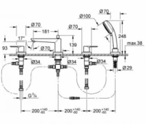 Размеры Смеситель на три отверстия для ванны GROHE BauLoop хром 2511900A