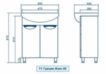 Размеры тумба с раковиной в ванную 50 см бело-синяя квел грация т1 грация изео 50 с умывальником изео 50 квел №1