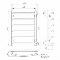 Размеры Полотенцесушитель водяной с перекладинами дуга 400х600 LARIS П6 Классик Хром БП 30x20 ВР 1/2 д 71207591