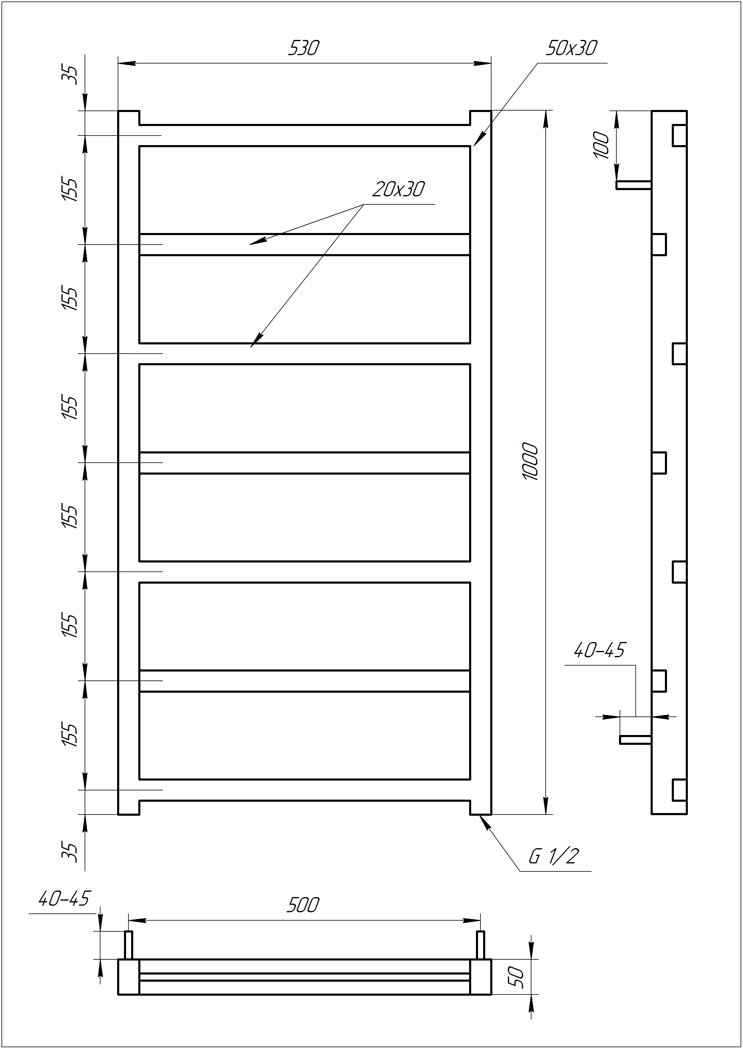 Размеры Полотенцесушитель водяной 530x1000, Genesis-Aqua Level Черный, 30x20 ВР 1/2 д 1702