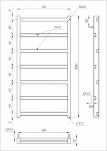 Размеры Полотенцесушитель водяной 530x1000, Genesis-Aqua Level Черный, 30x20 ВР 1/2 д 1702