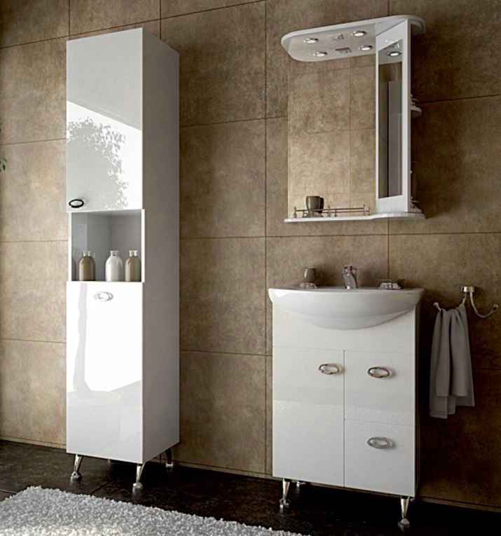 В интерьере комплект мебели тумба с зеркалом для ванной 60 ванланд жемчуг мк-жемчуг 1-60-1-60л №1