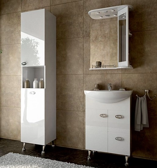 В интерьере комплект мебели тумба с зеркалом-трельяж в ванную 65 см шириной ванланд жемчуг мк-жемчуг 3-65-3-65 №1