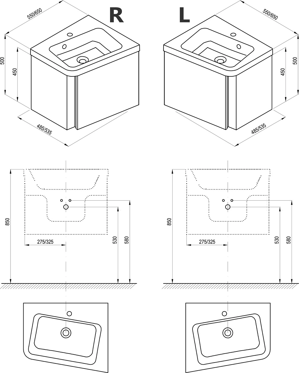 Размеры Шкафчик с умывальником 550 Ravak 10° X000000742-XJIP1155000