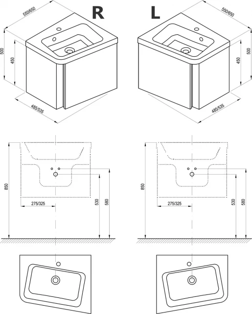 Размеры Шкафчик с умывальником 550 Ravak 10° X000000742-XJIP1155000