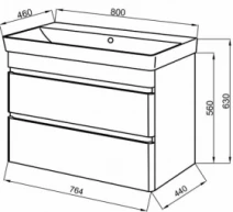 Размеры Умывальник с тумбой из МДФ и ДСП 80 см шириной Юввис VIVACE с раковиной Vivace ТПБ-2 Д 80 VIVACE