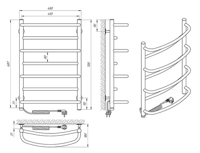 Размеры Электрический полотенцесушитель с 7 перекладинами 480 x 700 мм Laris Евромикс Д30 хром 73207681