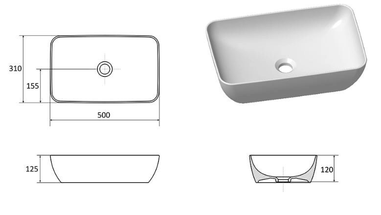 Розміри Керамічний умивальник Ravak Uni 500 R Slim XJX01150001