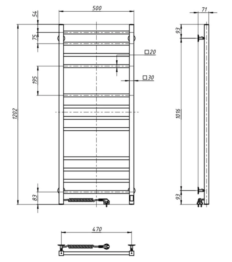 Розміри Електрична сушка для рушників з 12 поперечинами 500 x 1200 мм Navin Loft Д30 хром ліва 10-043153-5012