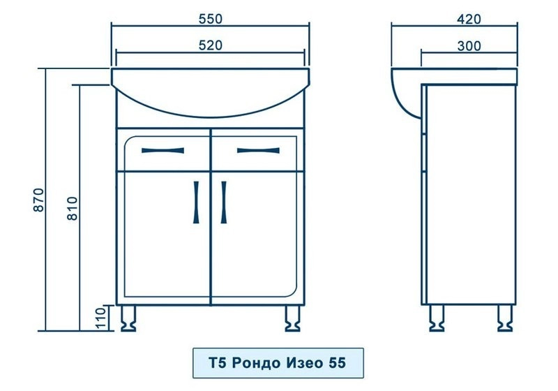 Размеры тумба с раковиной в ванную 55 см с хромированными ножками квелл рондо т5 рондо изео 55 с умывальником изео 55 №1