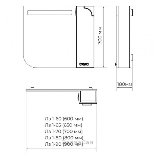 Размеры Современное зеркало для ванной 70 см ВанЛанд ЛАУНЖ Лз 1-70ЧР