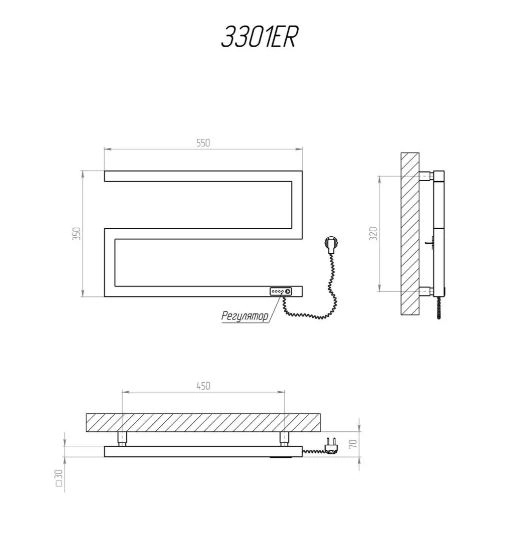 Размеры Полотенцесушитель электрический 550 х 350 мм Kosser Зета Д30 черный правый ЗЗ01ER