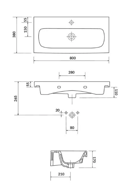 Размеры Раковина в ванную 80 см шириной Cersanit Moduo Slim K116-012