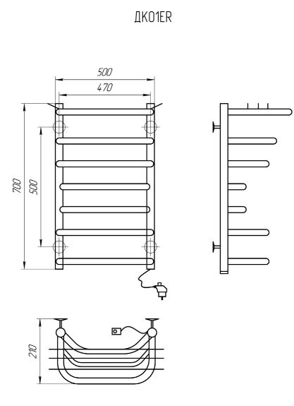 Размеры Полотенцесушитель электрический с терморегулятором на вилке 500 х 700 мм Kosser Канна электро Д30 черный правый ДК09ER