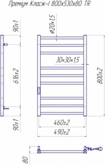 Розміри Електро полотенцесушитель з 9 перекладинами 490х800 Mario Преміум Класик Хром 30x20 Правий 4820111355815