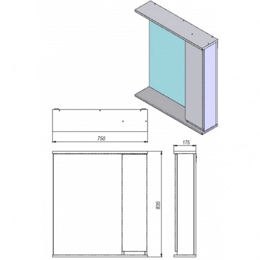 Размеры Зеркало в ванную 75 см с шкафчиком ЮВЕНТА МОНИКА НОВА МШНЗ3-75R-белый