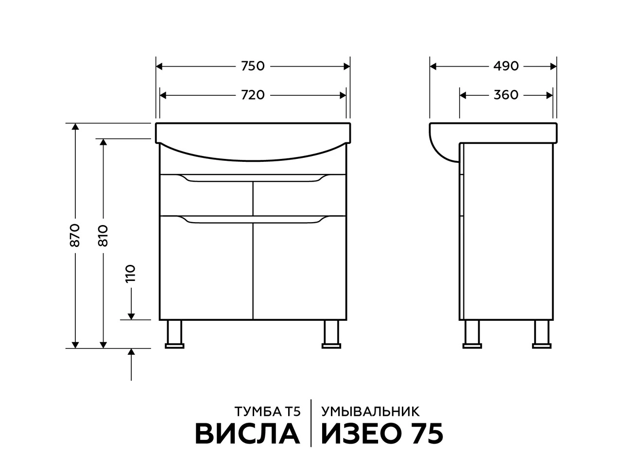 Розміри Комплект меблів для ванни 75 см Квелл Вісла 22223-23264-33747