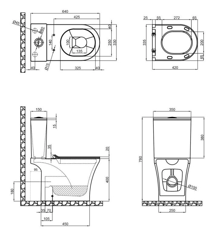 Размеры Белый унитаз с бачком Qtap Presto QT24221217AW