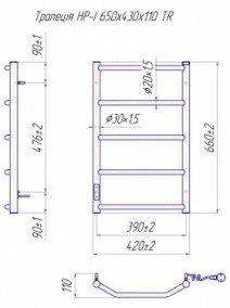 Размеры Электро полотенцесушитель 420х660 Mario Трапеция Хром Правый 30x20 4820111355501