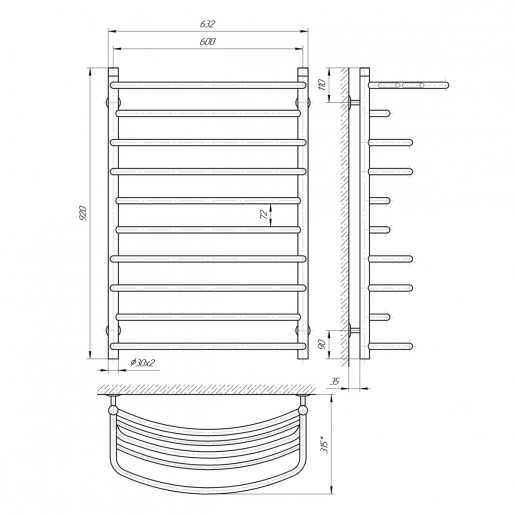 Розміри Сушка для рушників водяна 600х900 LARIS П10 Евромікс Хром 30x20 ВР 1/2 д 71207671