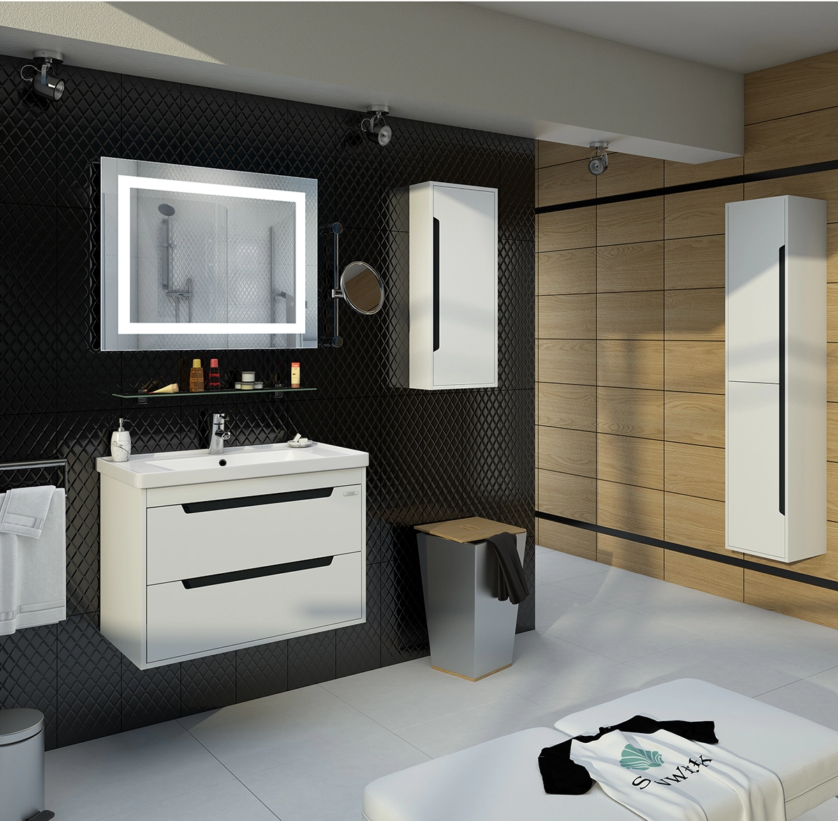 В интерьере комплект для ванной комнаты с зеркалом 80 см с гладкими фасадами санверк greta air 25517-25554 №1