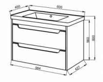Размеры Умывальник с тумбой с доводчиками плавного закрывания ящиков 60 см шириной Юввис Valencia NEW с умывальником Канте ТП-2 Д 60 Канте