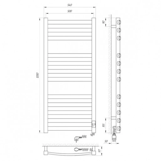 Размеры Полотенцесушитель электрический металлический 500х1200 LARIS ЗЕБРА Атлант Премиум Хром Правый 40x30 73207417