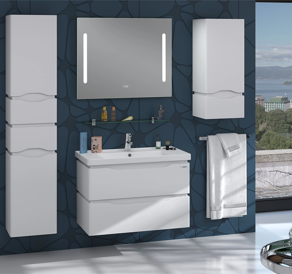 В интерьере гарнитур для ванной комнаты 70 см с прямоугольной раковиной санверк alessa white air 25466-25535-25477 №1