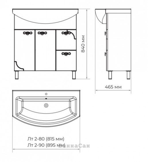 Размеры прямая тумба с раковиной для ванной 90 см ванланд лаунж лт 2-90кр с умывальником como №1