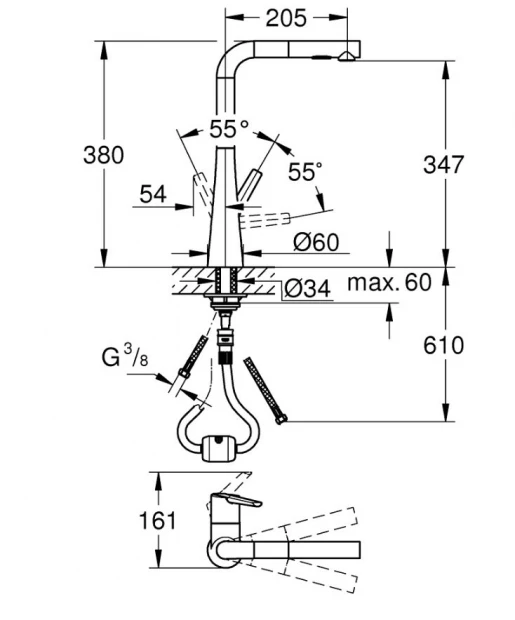 Розміри Змішувач для кухні з висувним душем Grohe Zedra хром 32553002