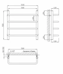 Размеры Полотенцесушитель современный 530 x 500 мм Kosser Скоба 30х20 хром ВР 1/2 д ДС06